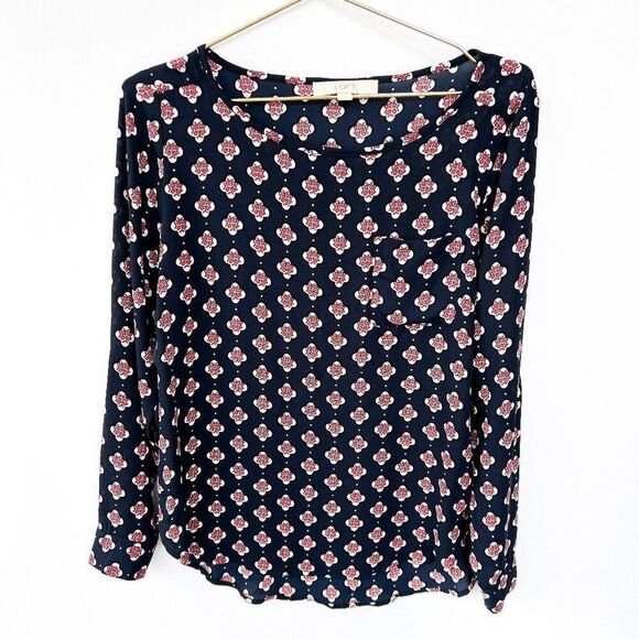 Ann Taylor Navy Blue Long Sleeve Clover Print Shirt Blouse Small - Picture 1 of 7